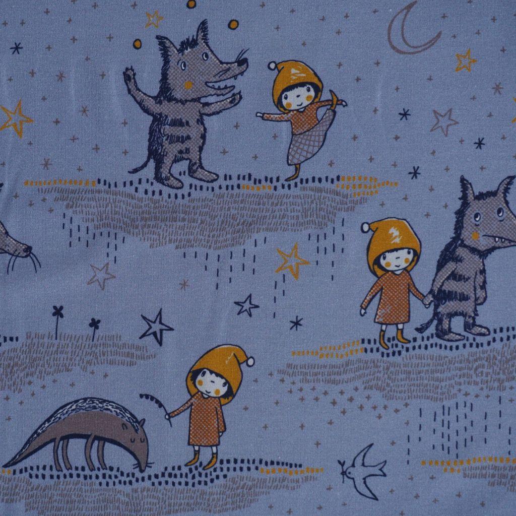 Baumwolljersey Wolf bei Nacht von Susalabim blau gelb – Bio